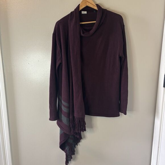 Cabi Port Fringe Wrap Sweater Asymmetrical Maroon Cardigan Size Medium #3002 - Picture 1 of 11